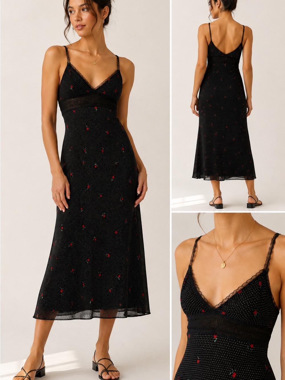 Urban Outfitters Black Slip Dress with White Polka Dots and Red Floral Accents